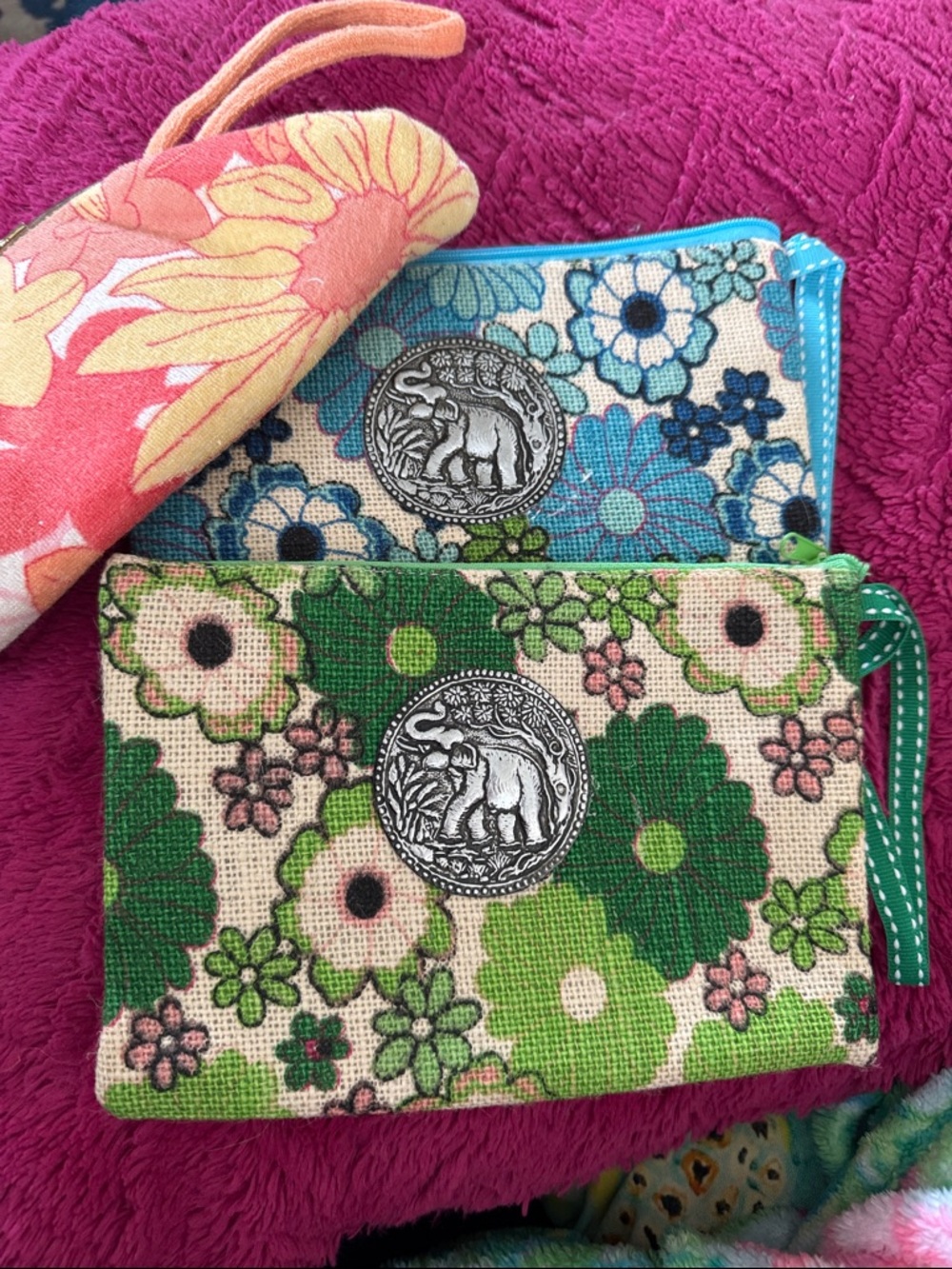 Floral Canvas Coin Pouches with Elephant Medallion - Blue & Green